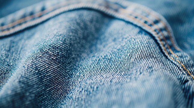 Extreme close-up photography of a well-worn denim jacket fabric, visible stitching and subtle fraying, faded blue color