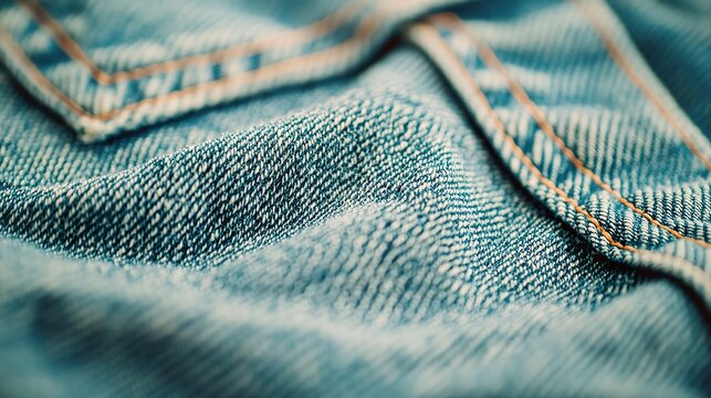 Extreme close-up photography of a well-worn denim jacket fabric, visible stitching and subtle fraying, faded blue color