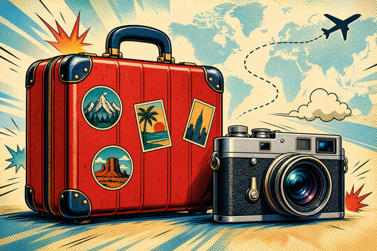 ilustraci&oacute;n estilo c&oacute;mic con una maleta y una c&aacute;mara de fotos, en formato horizontal