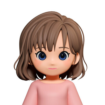 Cute Young Asian Woman with Shoulder-Length Wavy Brown Hair Wearing Pink Clothes, Smiling, Front-Facing Bust Shot, 3D Character Illustration