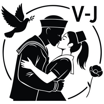 VJ Day sailor kiss vector illustration silhouette with dove of peace and poppy flower.