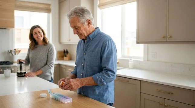 Senior father opening medication bottle at kitchen counter with daughter in background