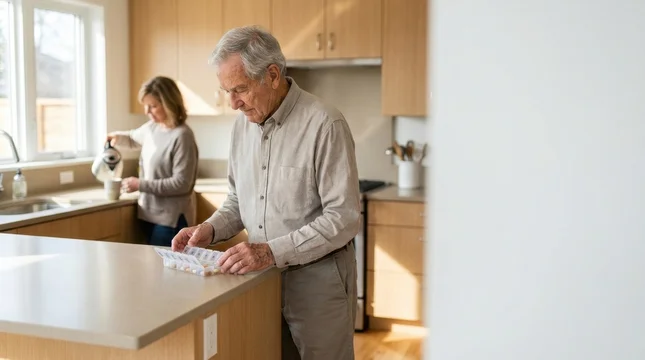 Independent elderly man organizing pills while adult daughter makes tea in kitchen