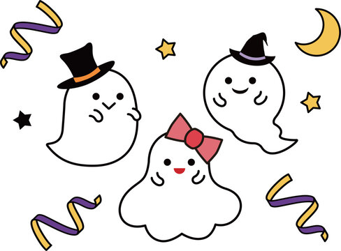 魔女帽子やリボンをつけた可愛いハロウィンのおばけのイラスト