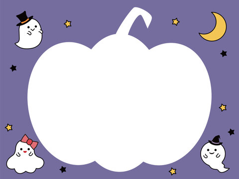 かぼちゃ型のフレームとおばけを描いた紫色のハロウィン背景