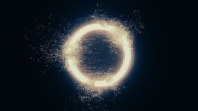 Ring shaped object with random scattered objects emitting from 3d illustration.