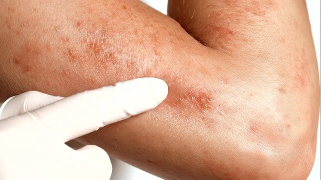 Man&rsquo;s hand scratching an itchy irritated area of skin with visible red patches and dry flaky texture, pruritus, skin rash, dermatitis, eczema, inflammation, erythema, scratching symptom, allergic