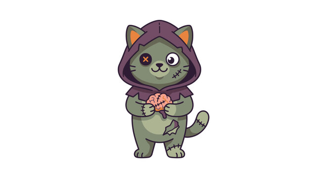 Cute Zombie Cat Character Holding a Brain