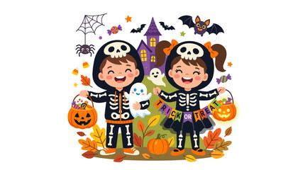 Naklejka premium Kids in Skeleton Costumes Trick-or-Treating on Halloween