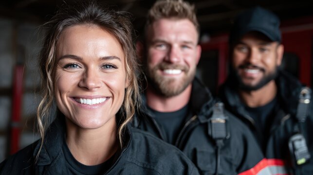 A diverse and cheerful team of professional firefighters smiles confidently in their gear, showcasing teamwork, bravery, and dedication to saving lives and protecting communities.