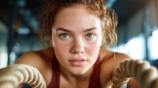 An athletic young woman intensely focuses on her workout, gripping fitness ropes as she demonstrates strength and determination in a well-equipped gym environment.