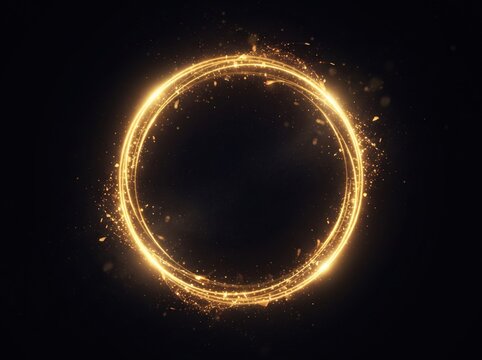 Golden glowing circular light ring frame with sparkling dust particles on black