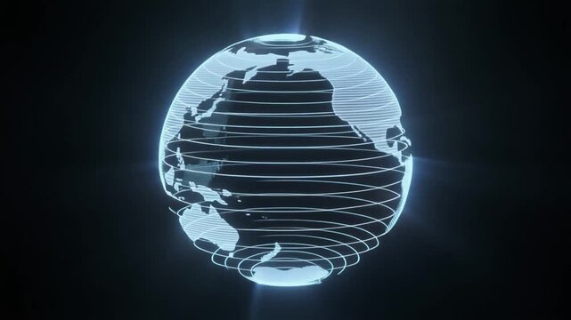 A digital animation displays a translucent wireframe globe composed of horizontal latitude lines rotating against a deep.