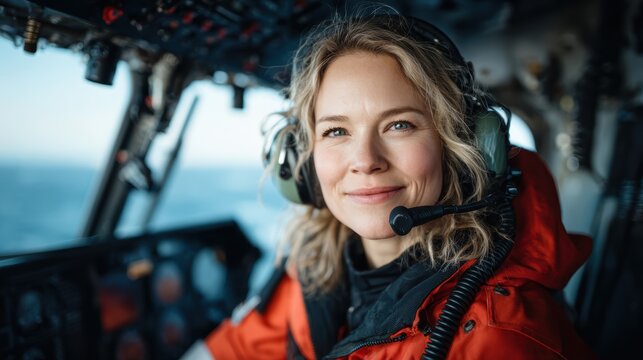 A confident female pilot in a helicopter cockpit wears a headset, smiling warmly, embodying professionalism and adventure in aviation.