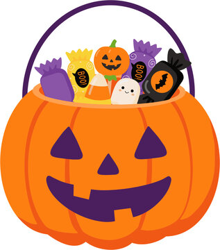 Halloween pumpkin basket filled with candies and spooky treats vector illustration