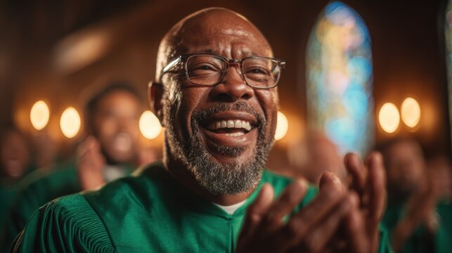A joyful man claps and smiles in a choir setting, showcasing the spirit of music and community in a vibrant, emotional atmosphere filled with unity and joy.