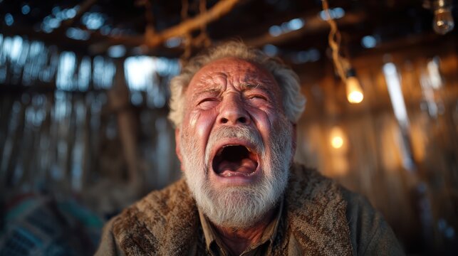 An elderly man displaying raw emotions as he struggles with feelings, surrounded by a rustic environment, capturing the complexities of human experience and vulnerability.
