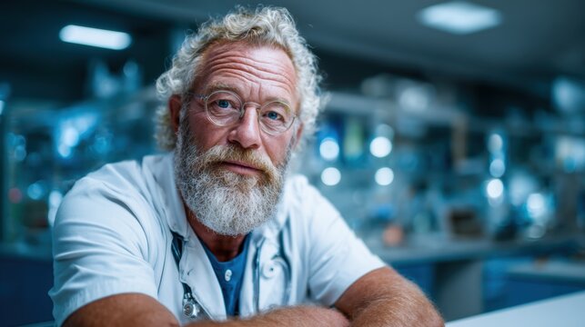 A thoughtful mature man with a beard and glasses, wearing a lab coat, gazes intently at the camera, embodying wisdom and experience in a scientific laboratory environment.