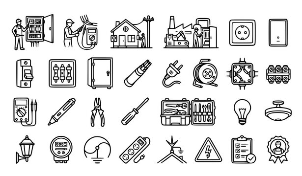 Electrical Maintenance Wiring Lighting and Power Service Linear Vector Icons
