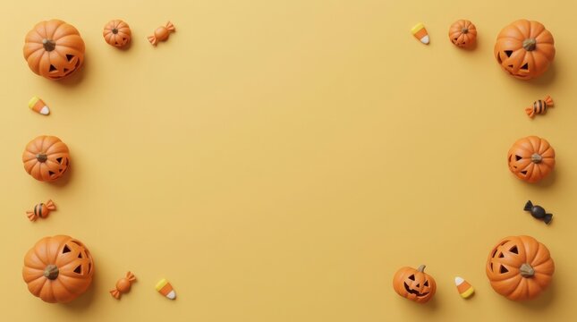 Halloween frame with pumpkins and candy on a yellow background