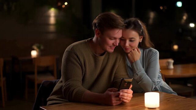 Two adults sit closely at a wooden table and look down at a smartphone together in a warmly lit cafe interior, framed by soft background lights, chairs, and cozy evening ambience