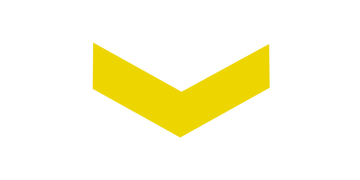Yellow chevron arrow pointing down direction guide symbol isolated.