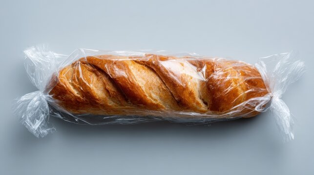This image features a beautifully baked loaf of bread wrapped in clear plastic, showcasing its golden crust and inviting texture, perfect for fresh bakery promotions.