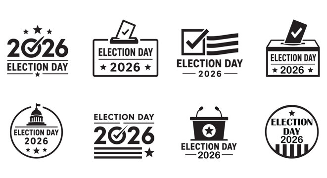 Election Day 2026 logo collection with ballot checkmarks, voting symbols, podium and civic celebration badges