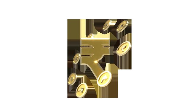 Golden indian rupee coins orbiting a large central rupee symbol in a seamless loop alpha ready