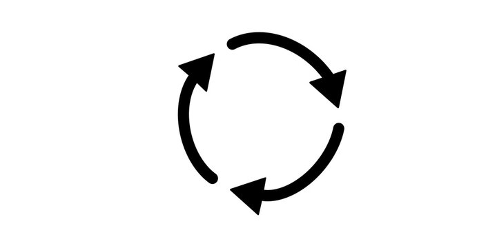 Black recycling circular motion arrows icon set for reuse application.