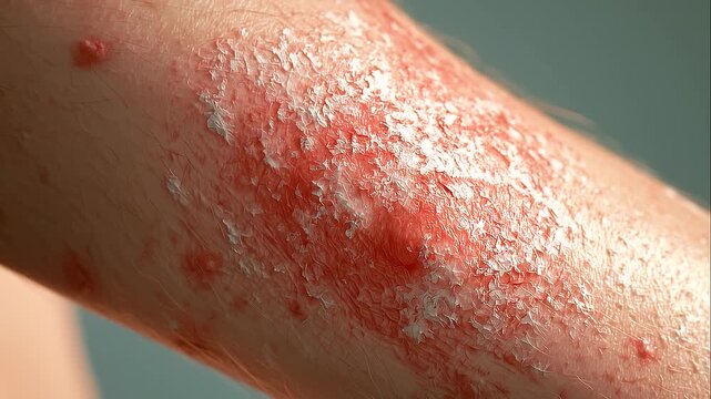 Large inflamed psoriasis plaque on an arm with thick silvery scales, intense redness and sharply defined borders, plaque psoriasis, psoriasis vulgaris, erythematous lesion, scaling