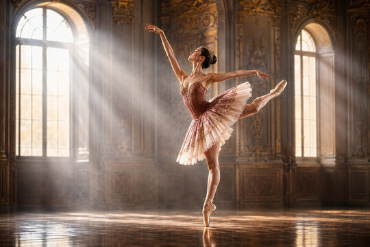 Elegant ballerina in pink tutu performing classical dance in a grand palace hall with cinematic sunbeams and light rays through arched windows