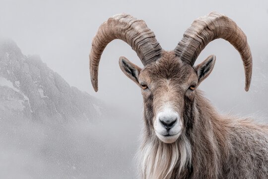 Portrait of a majestic brown billy goat with large curved horns in a snowy mountain landscape