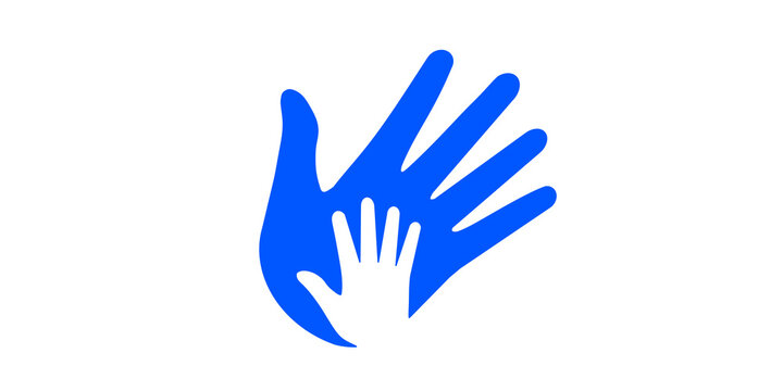 Blue adult hand holding child hand silhouette on transparent base.