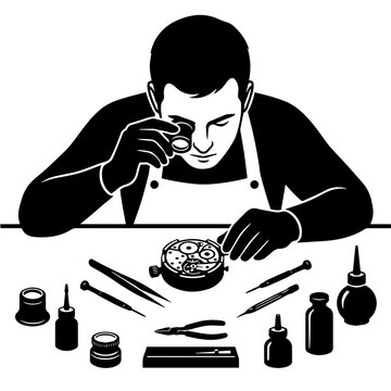 Watchmaker repairing a wristwatch mechanism with magnifying glass and tools