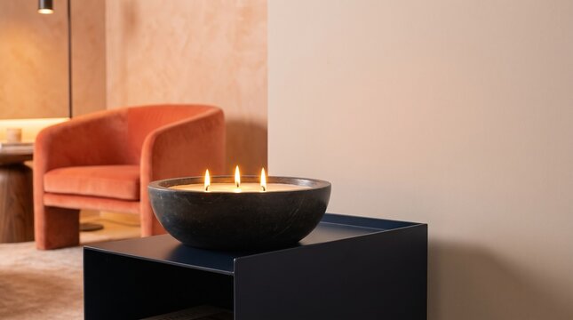 three wick candle burning concept of cozy stylish home interior