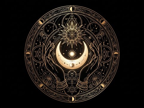 Ornate celestial circle amulet with crescent moon and mystical symbols