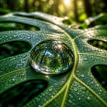 Extreme macro realistic illustration of crystal clear water droplet on green leaf with inverted forest reflection, concept of natural purity, vitality, healing power of nature and zen life