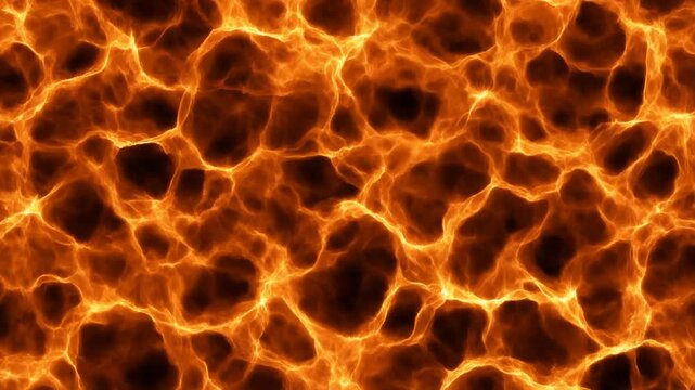 Close-up abstract view of glowing orange and yellow magma or fire patterns forming organic cellular shapes with dark.
