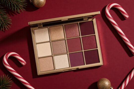 Luxury Christmas makeup flat lay featuring a neutral and burgundy eyeshadow palette with warm metallic tones on a deep red background, accented with festive candy canes and gold ornaments.