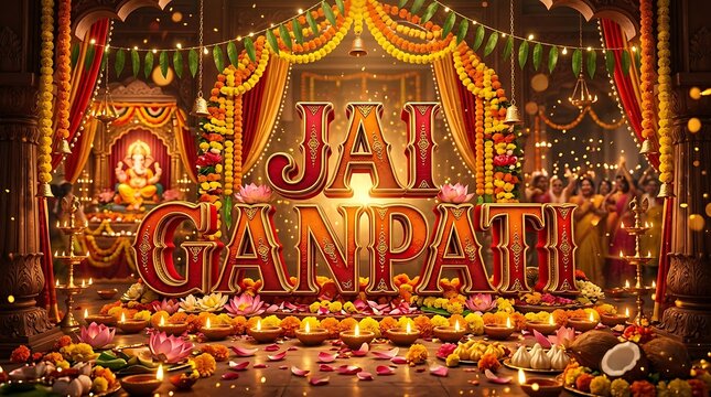 Jai ganpati text with traditional indian festival decorations