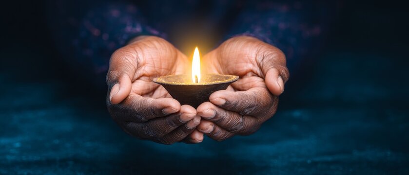 Hands gently cradling traditional diya with flickering flame during the vibrant celebrations shivaratri in india