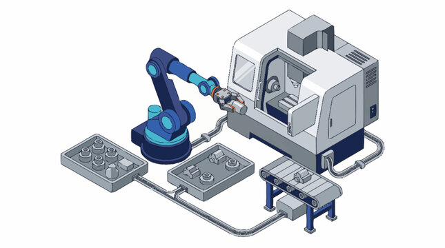 Industrial robot arm operating CNC machine in factory.