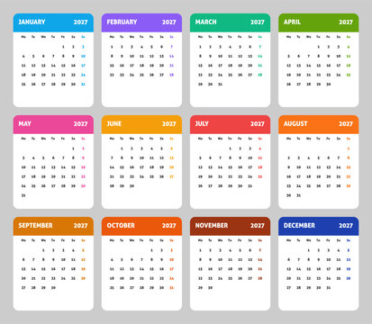 Calendar 2027, seasonal color design for monthly schedule, annual wall planner, vector template