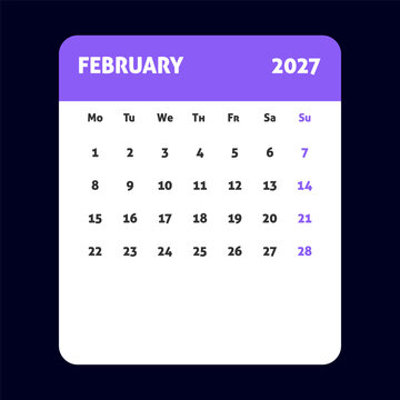 February 2027 calendar, monthly planner page, minimalist schedule organizer, printable date layout
