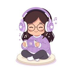 Fototapeta premium Cartoon Girl Listening Music With Headphones Happily.