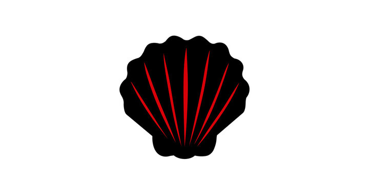 Black seashell silhouette with red lines illustrates marine wildlife.