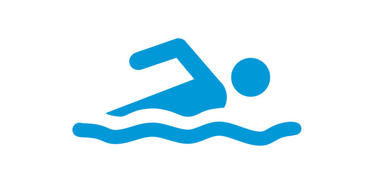 Blue swimming icon depicting swimmer over waves on transparent backdrop.