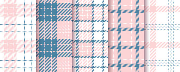 Naklejka premium Plaid background. Tartan seamless pattern. Flannel pink blue texture. Lumberjack print. Checkered cloth. Set gingham fabric. Shirt textile. Vichy abstract tablecloth. Vector illustration.