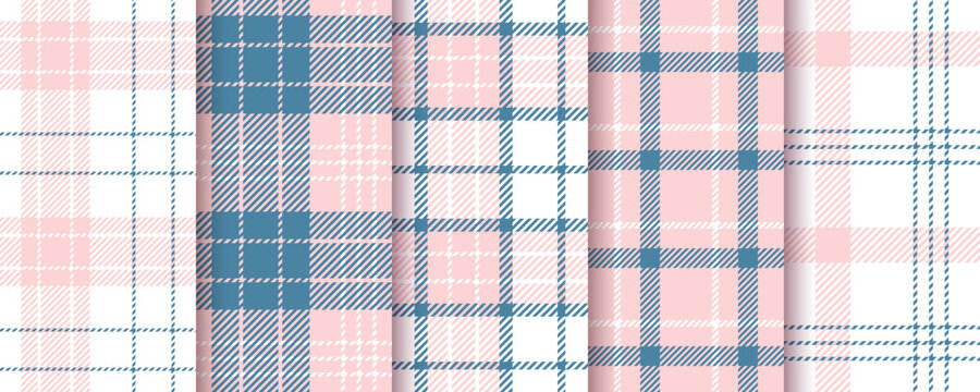 Plaid background. Tartan seamless pattern. Flannel pink blue texture. Lumberjack print. Checkered cloth. Set gingham fabric. Shirt textile. Vichy abstract tablecloth. Vector illustration.